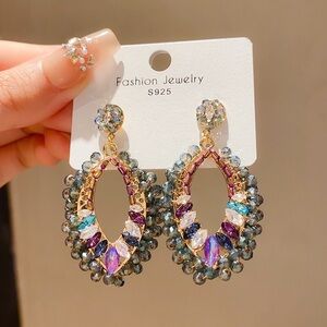 Fashion Jewelry Gold-Tone Multicolor Crystal Oval Drop Earrings